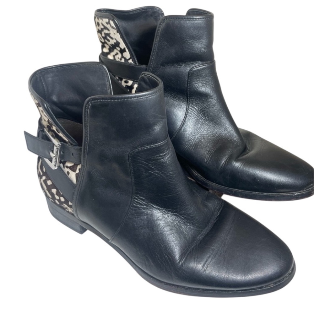 Michael Kors Leather Black Tan Animal Print Back Buckle Strap Ankle Booties 8M